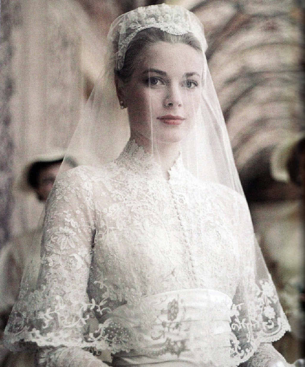 American actress Grace Kelly in the gown she wore in April 1956, upon her marriage to Rainier III, Prince of Monaco. American actress Grace Kelly in the gown she wore in April 1956, upon her marriage to Rainier III, Prince of Monaco.